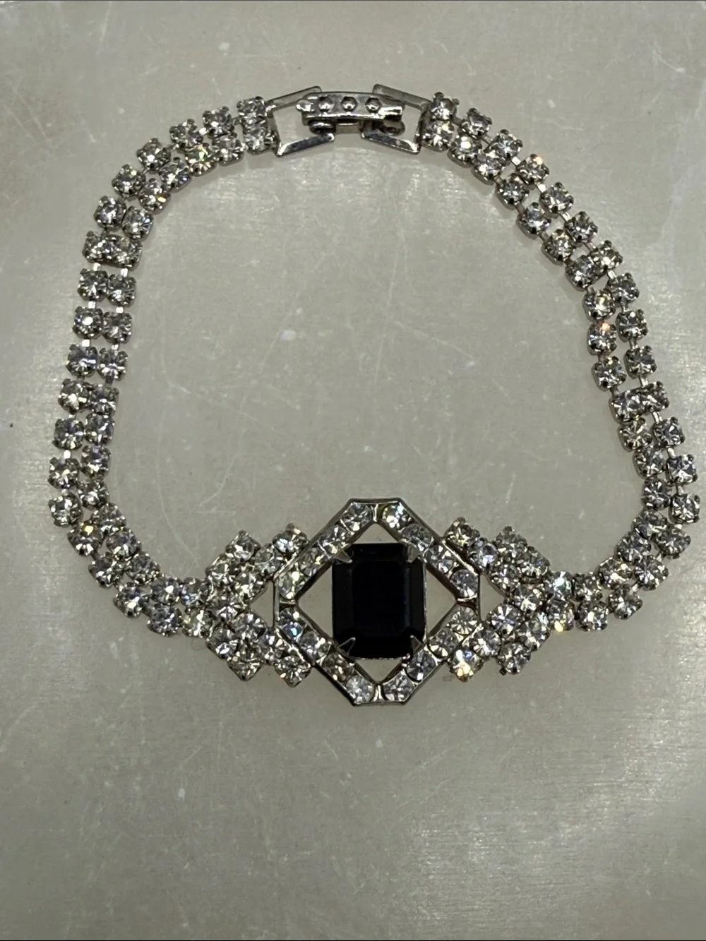 Vintage Exceptional rhinestone art deco tennis  Bracelet Black Center lux estate